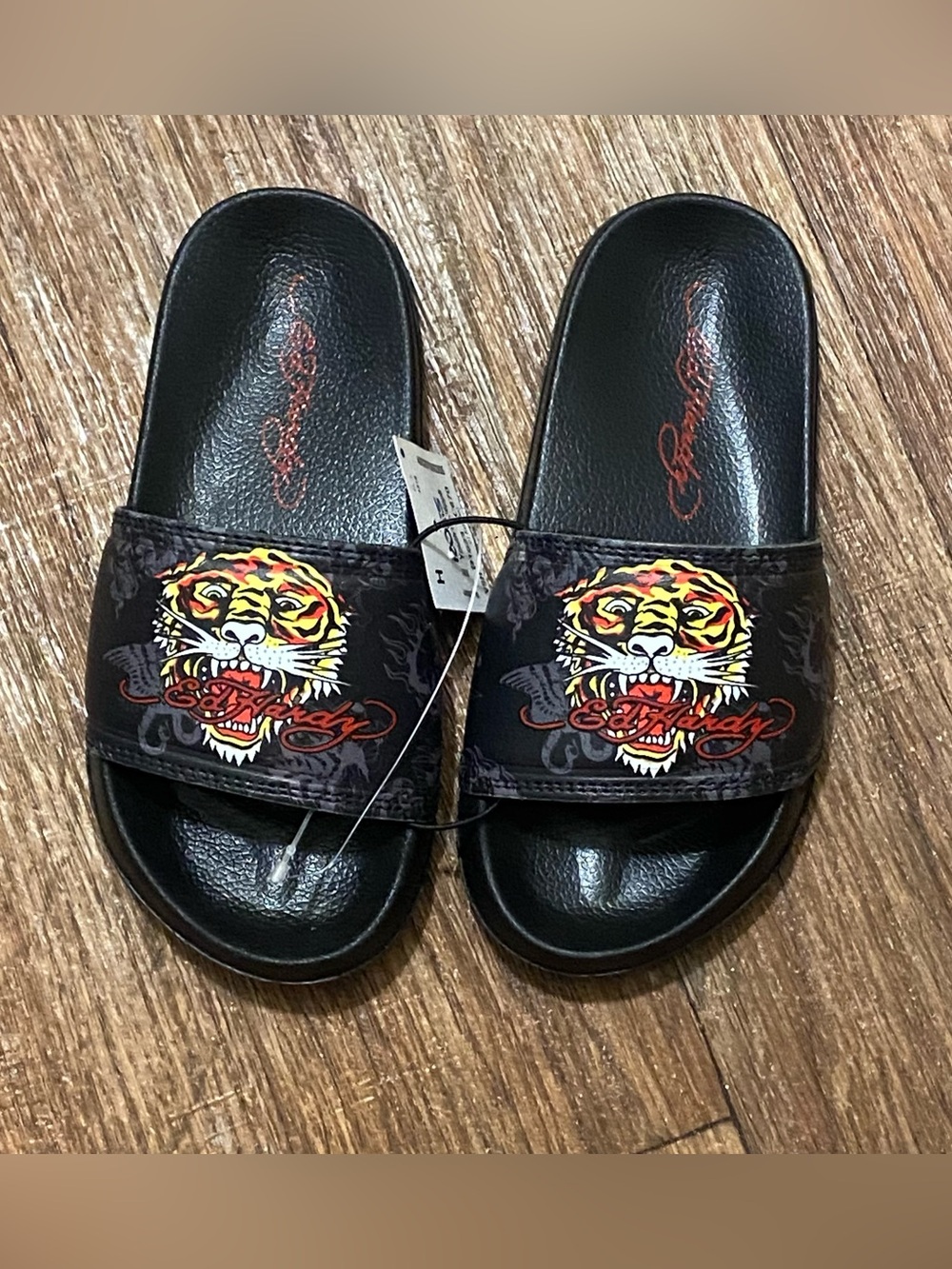 Ed Hardy Size 11 Slide Sandals Girls Boys Black Tiger Tattoo Youth Toddler NWT